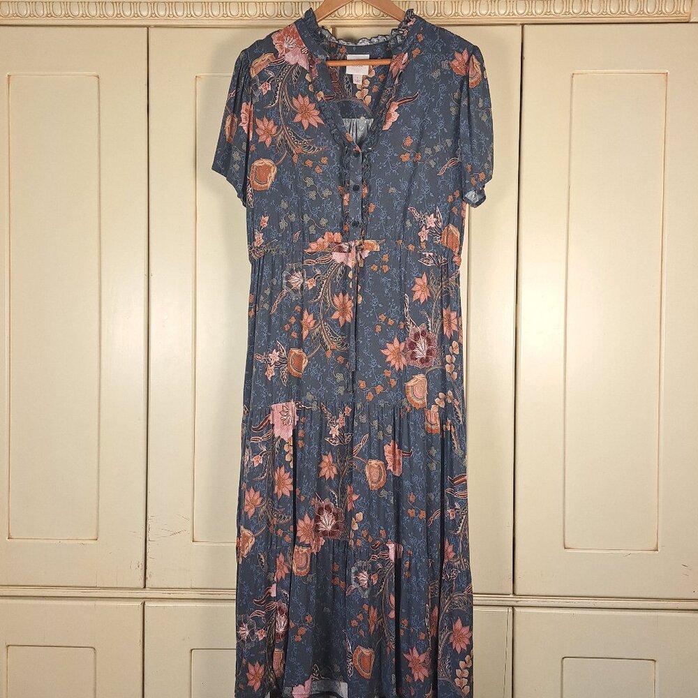 Knox Rose Midi Short Sleeve Blue Pink Floral Tiered Boho Print Dress Size Large